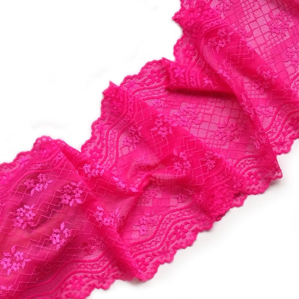 Stretch Lace Pink Fuchsia Floral Lingerie lace Elastic Wide Lace Trim Bra Making Lace Fabric width 7.28" / 18.5 cm, lace per meter, Nr 1178