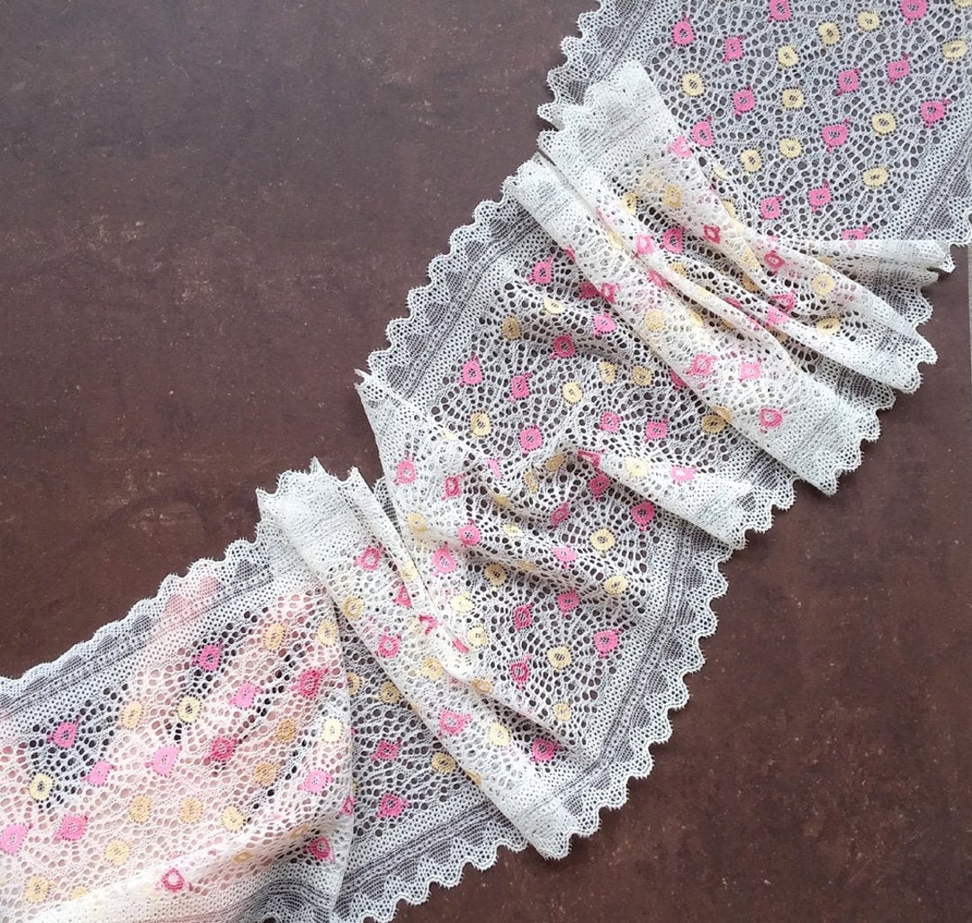 Ivory Pink Yellow Stretch Lace, Scalloped Elastic Lingerie Lace, Width