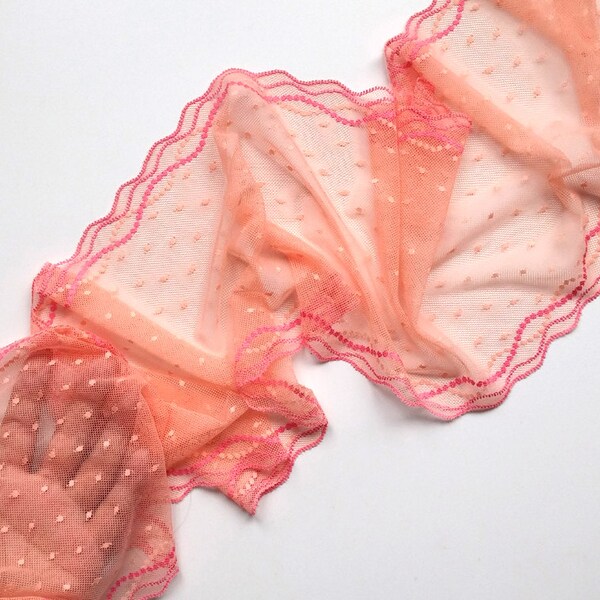 Stretch Lace peach pink color, pink lace, elastic lace, lingerie lace, wide lace, width 7,87 inch lace, 20 cm lace, lace per meter, Nr 1187