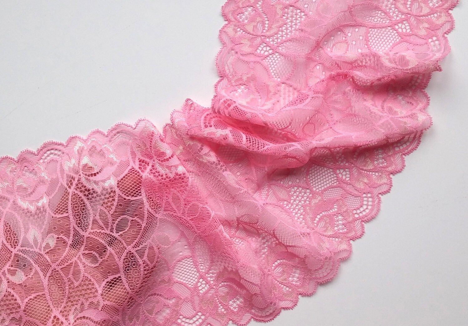 Pink Floral Stretch Lace Lingerie Sewing Lace Trim, width 6.88 inch / 17.5 cm, # 2082