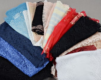 Stretch lace trim lot Lace offcuts Assorted lace scraps Doll dress sewing Stretch lace lengths Lace lot Lace pieces Scrap pack, 2/435