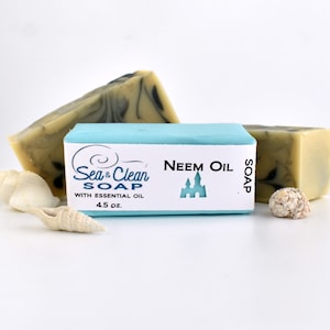 May include: A bar of light green and white soap with a blue label that reads "Sea & Clean Soap with Essential Oil 4.5 oz." and "Neem Oil Soap" with a castle graphic.