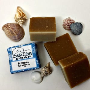 May include: A blue and white box with the text "Sea & Clean Soap" and "Herbal Shampoo 1 oz" on it. Four brown bars of soap are next to the box, and there are several seashells scattered around the soap.