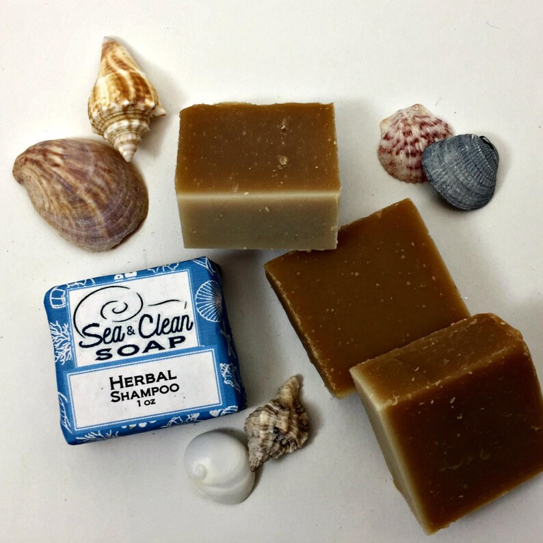 May include: A blue and white box with the text "Sea & Clean Soap" and "Herbal Shampoo 1 oz" on it. Four brown bars of soap are next to the box, and there are several seashells scattered around the soap.