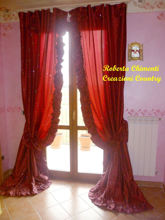 Red Taffeta Curtain Ruffled Curtains Two Panels Curtain Etsy