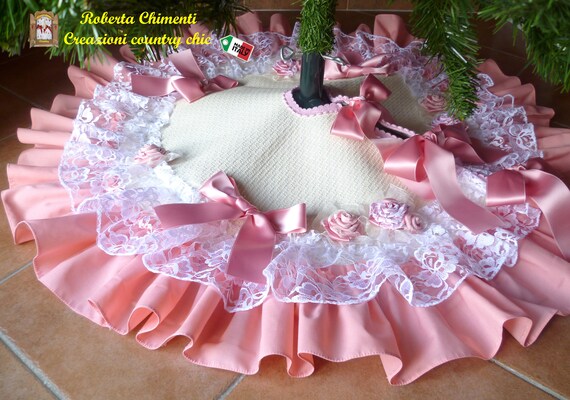 Tappeto Shabby Chic Rosa Per Albero Di Natale Con Puntale Abbinatogonna Per Albero Ornamento Albero Di Natale Copri Base Albero Di Natale