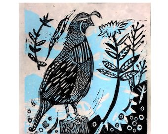 Mini Birds Series Hand printed California quail on 8 x 10 heavy weight paper