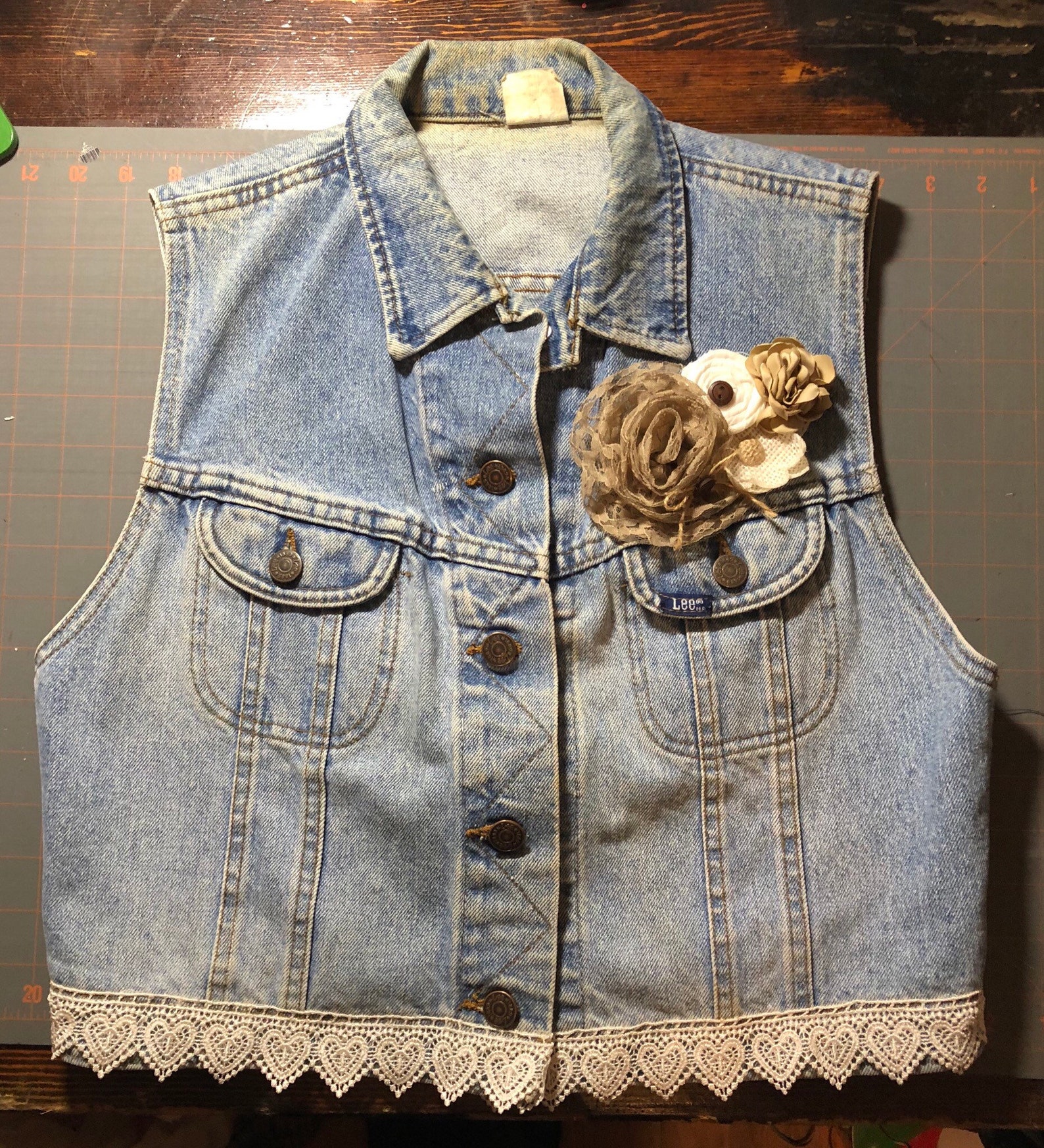 Jean jacket with lace trim and flowers Etsy