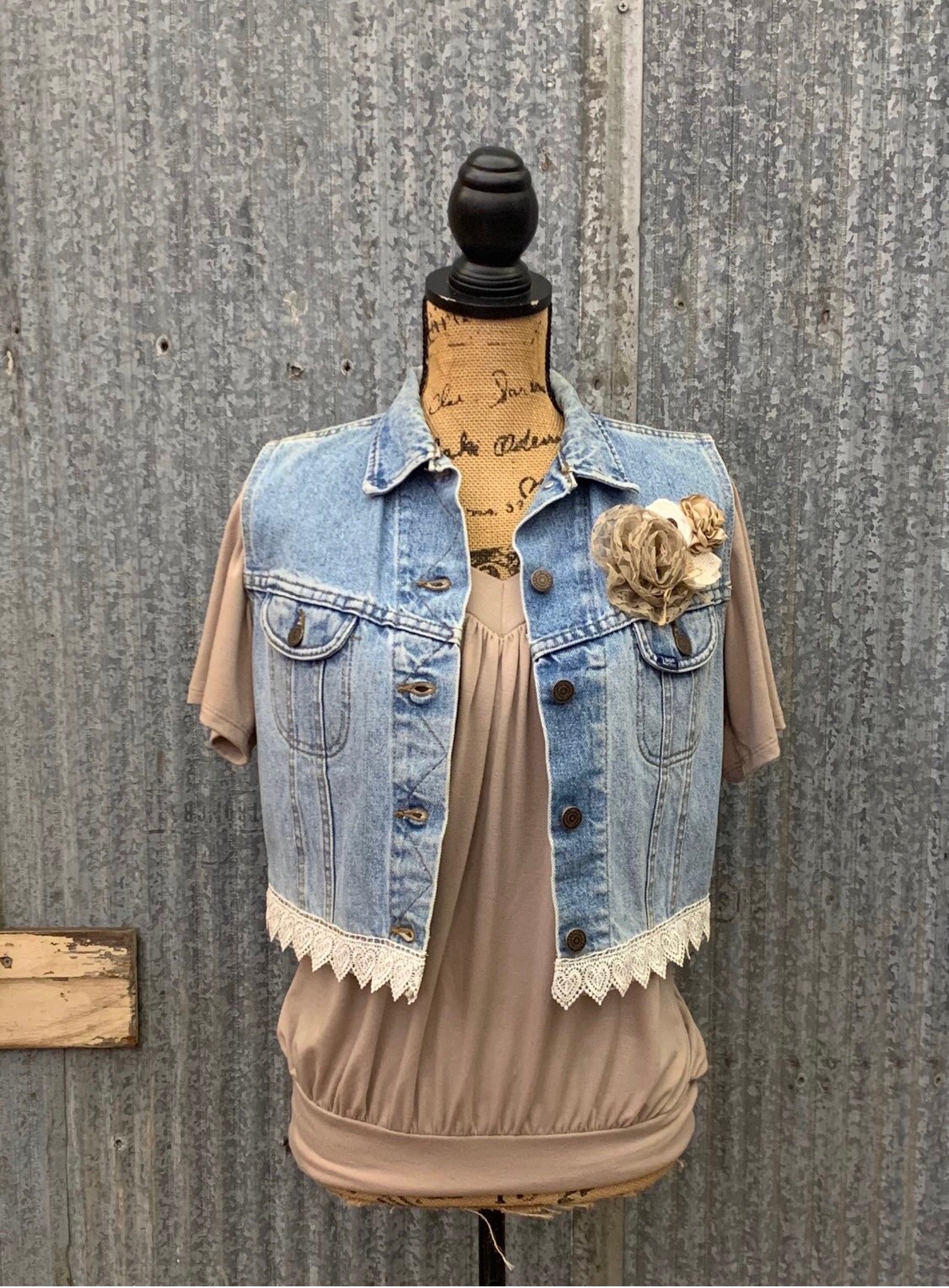 Jean jacket with lace trim and flowers Etsy