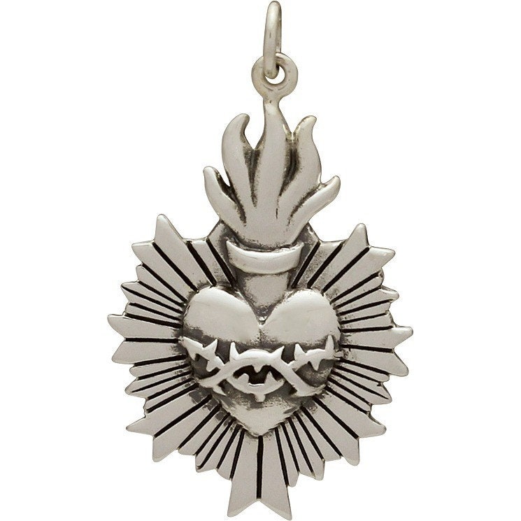 Sacred Heart Pendant Sterling Silver Charm Heart Charm Etsy