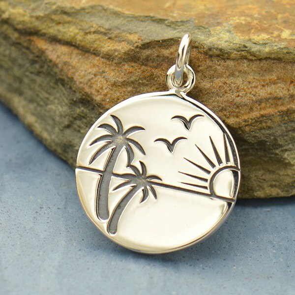 Sterling Silver Etched Sunset, Paradise Charm, Sunset Charm, Silver Sunset, Silver Paradise, Tropical Charm, Silver Sun Charm, Beach Charm