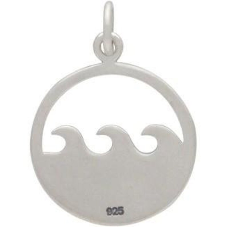 May include: Silver charm in the shape of a circle with three waves cut out of the center. The back of the charm is stamped with "925".
