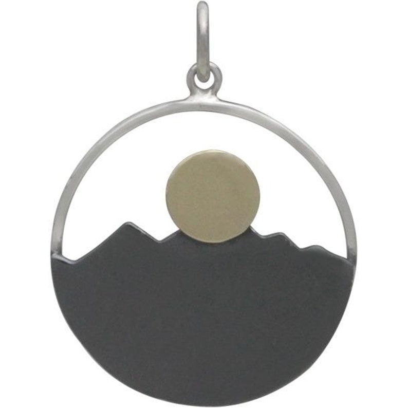 Sterling Silber Berg und Ozean Bronze Sonne Anhänger, Berg Halskette, Ozean Welle Anhänger, Natur Liebhaber Geschenk, Natur Charm Schmuck Bild 5