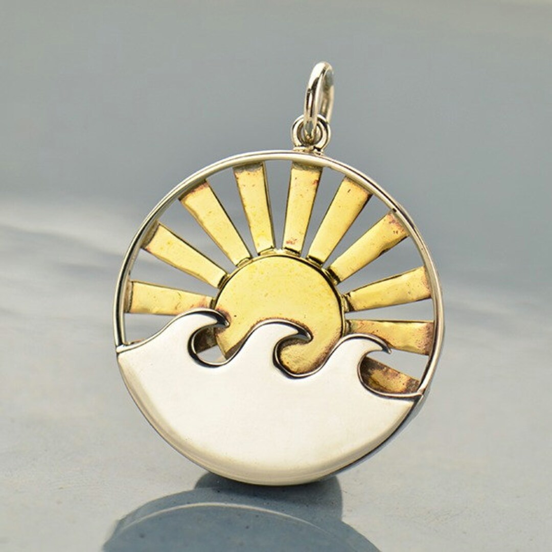 Sterling Silver Wave Pendant, Bronze Sun, Bronze Rays, Sun Rays, Ocean ...