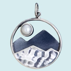 Sterling Silver Mountain Charm | Pearl Moon Pendant | Nature Jewelry | Outdoor Lover Gift | Mountain Pendant | Mountain Jewelry