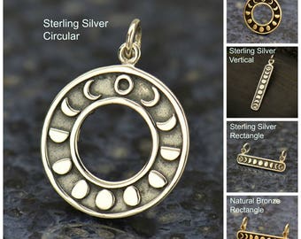 Circular Moon Phase Charm, Celestial Jewelry, Rectangular Moon Pendant, Gold Bar Necklace, Lunar Phase Charms