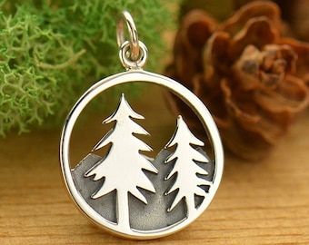 Sterling Silver Tree Pendant with Mountains, Nature Charm, Mountain Charm, Pine Tree Charm, Tree Pendant, Outdoor Charm, Tree Necklace