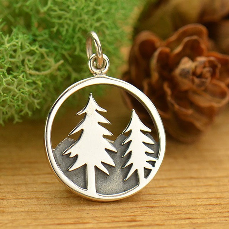 Sterling Silver Tree Pendant with Mountains, Nature Charm, Mountain Charm, Pine Tree Charm, Tree Pendant, Outdoor Charm, Tree Necklace image 1