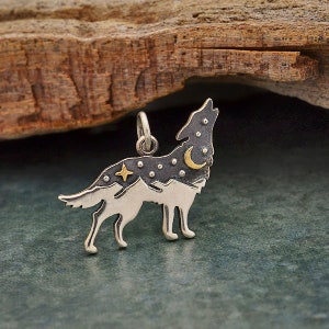 Sterling Silver Wolf Charm with Bronze Star and Moon, Animal Charm, Howling Wolf Charm, Wolf Pendant, Mountain Charm, Moon Charm