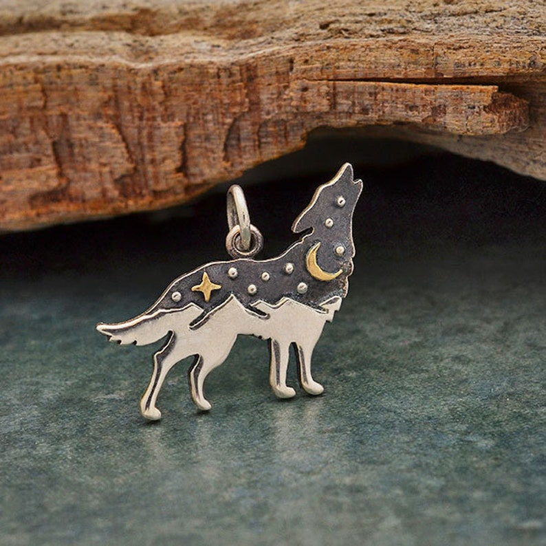 Sterling Silver Wolf Charm with Bronze Star and Moon, Animal Charm, Howling Wolf Charm, Wolf Pendant, Mountain Charm, Moon Charm image 1