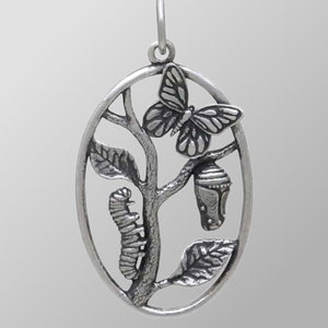 Butterfly Metamorphosis Pendant, Nature Lover Pendant, Sterling Silver Caterpillar Pendant, Butterfly Pendant, Insect Pendant,