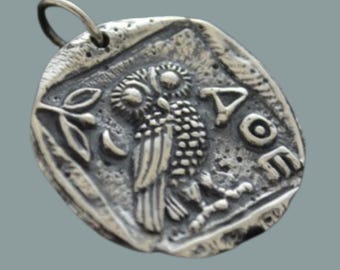 Colgante de búho de Atenea / Réplica de moneda griega en plata de ley