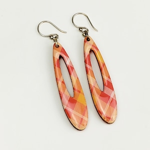 Plaid Oval Wood Earrings | Boho Earrings | Fashion Jewelry | Lightweight Earrings | Dangle Earrings | Gift for Her | Oval Earrings