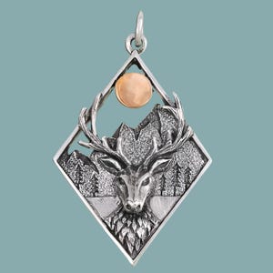 Sterling Silver Elk in Diamond Frame Pendant | Animal Jewelry | Elk Necklace | Nature-Inspired Pendant | Wildlife Jewelry | Elk Head Charm