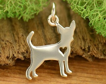 Sterling Silver Silhouetted Charm, Chihuahua, Chihuahua Charm, Dog Charm, Silver Dog Charm, Pet Charm, Pet Jewelry, Cutout Heart Charm