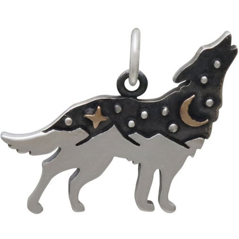 Sterling Silver Wolf Charm with Bronze Star and Moon, Animal Charm, Howling Wolf Charm, Wolf Pendant, Mountain Charm, Moon Charm image 2