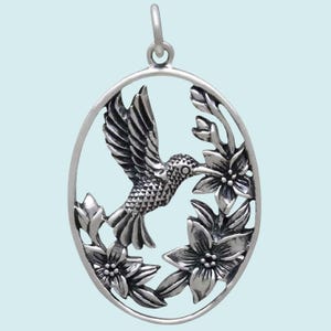 Hummingbird Pendant Sterling Silver Bird Pendant Gift for Bird Lover Flower Pendant Floral Pendant Nature Pendant Flower Jewelry