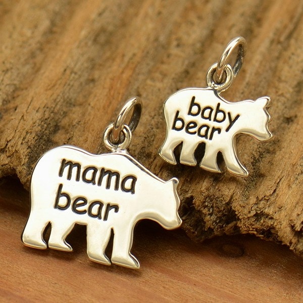 Sterling Silver Mama Bear Baby Bear, Bear Charm, Word Charm, Etched Bear Charm, Silver Bear Charm, Mama Bear Charm, Baby Bear Charm