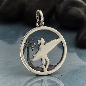 Sterling Silver Surfer Charm with Palm Tree, Surfboard Charm, Silver Surfer Charm, Beach Charm, Surfer Girl Charm, Water Sport Charm