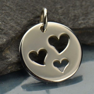 Sterling Silver Disc Charm with Three Hearts, Gift for Special Mom, Mommy and Me Charms, Hearts Disc Charm, Three Hearts Charm, Silver Heart