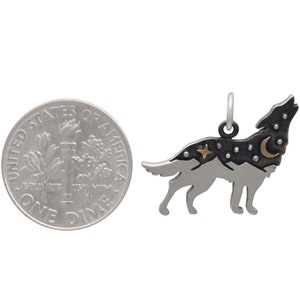 Sterling Silver Wolf Charm with Bronze Star and Moon, Animal Charm, Howling Wolf Charm, Wolf Pendant, Mountain Charm, Moon Charm image 3