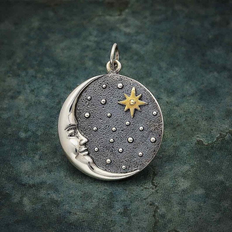 Silver Crescent Moon Face Pendant, Star Pendant, Celestial Jewelry, Astrological Jewelry, Moon Pendant, Half Moon, Moon and Stars Pendant image 1