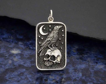 Sterling Silver Skull and Raven Pendant, Skull Pendant, Bird Lover Gift, Raven Pendant, Skull Necklace, Gothic Jewelry, Talisman Jewelry