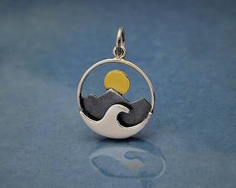 Sterling Silver Mountain & Ocean Pendant: Bronze Sun Charm Necklace