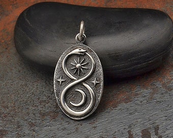 Silver Infinity Snake Pendant with Sun and Moon, Snake Pendant, Infinity Snake Charm, Sun Charm, Snake Necklace, Moon Charm, Infinity Charm