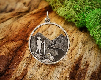 Sterling Silver Hiking Girl Charm, Hiker Charm, Hiker Gift, Hiking Charm, Fitness Charm, Nature Jewelry, Adventure Jewelry, Exercise Charm