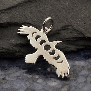 Silver Raven Charm with Moon Phase Cutout, Raven Necklace, Moon Phase Charm, Raven with Moon Phases, Bronze Raven, Bird Charm, Raven Pendant