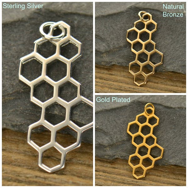 Sterling Silver Honeycomb Charm, Gold Plated Honeycomb, Honeybee Charm, Bronze Honeycomb, Honeycomb Jewelry, Honeybee Jewelry, Bee Jewelry