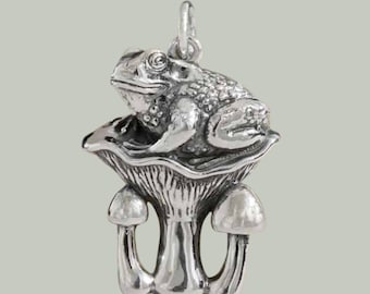 Sterling Silver Toad and Mushroom Pendant: Whimsical Frog Necklace