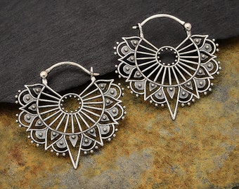 Mandala, Silver Earrings, Hoop Earrings, Gift for Girlfriend, Geometric Earrings, Big Hoop Earrings, Art Deco Earrings, Boho Earrings,