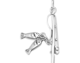 Sterling Silver Fishing Pole, Fish Charm, Fishing Charm, Hobby Charm, Silver Fishing Pole, Silver Fishing Charm, Silver Fish Charm