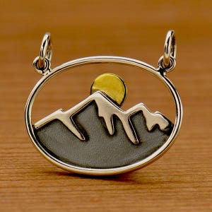 Sterling Silver, Mountain and Sun, Mountain Pendant, Bronze Sun, Oval Pendant, Mixed Metal Pendant, Silver Mountain, Western Jewelry