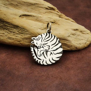 Sterling Silver Curled Cat Charm, Striped Cat Charm, Silver Cat Jewelry, Cat Lover Gift, Feline Charm, Kitty Cat, Animal Charm, Pet Charm