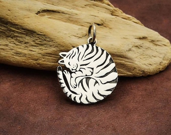 Sterling Silver Curled Cat Charm, Striped Cat Charm, Silver Cat Jewelry, Cat Lover Gift, Feline Charm, Kitty Cat, Animal Charm, Pet Charm