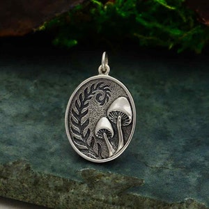 Sterling Silver Fern and Mushroom Pendant, Fern Jewelry, Nature Lover Gift, Mushroom Necklace, Hippie Jewelry, Magical Mushroom, Fungi Charm