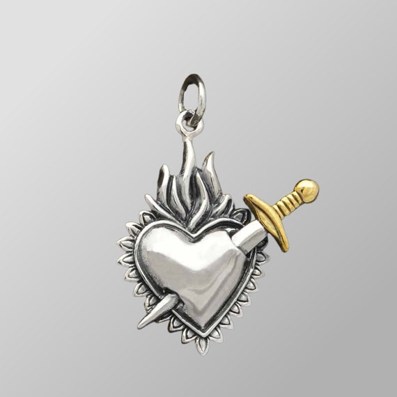 Flaming Heart Pendant With Sword Sterling Silver Heart Jewelry